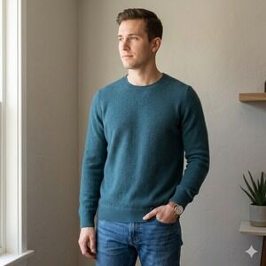 Nordstrom 100% Cashmere Top Mens L Teal Crewneck Sweater Soft Luxury Minimalist